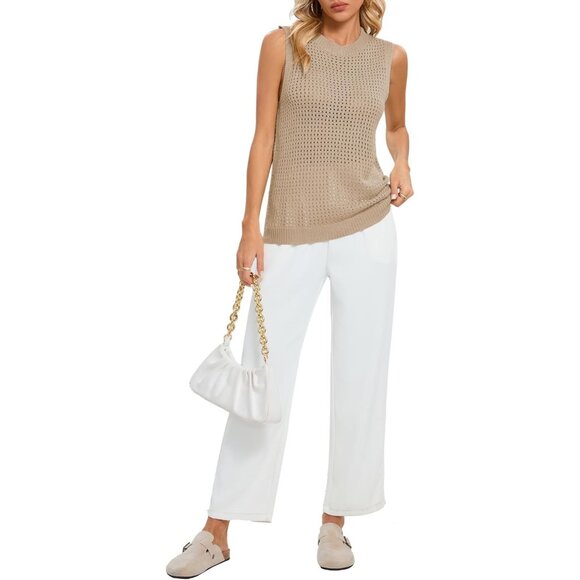 🆕 Women Khaki Mesh Crochet Tank Top Sexy Sleeveless Crew Neck Knit Loose Shirt - Picture 4 of 7